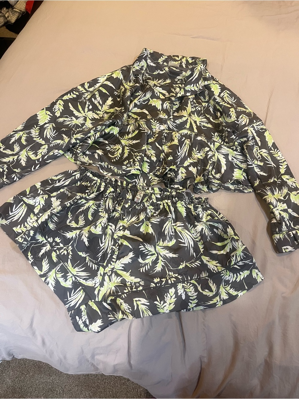 Free People Black and Lime Leaf Print Pajama Set